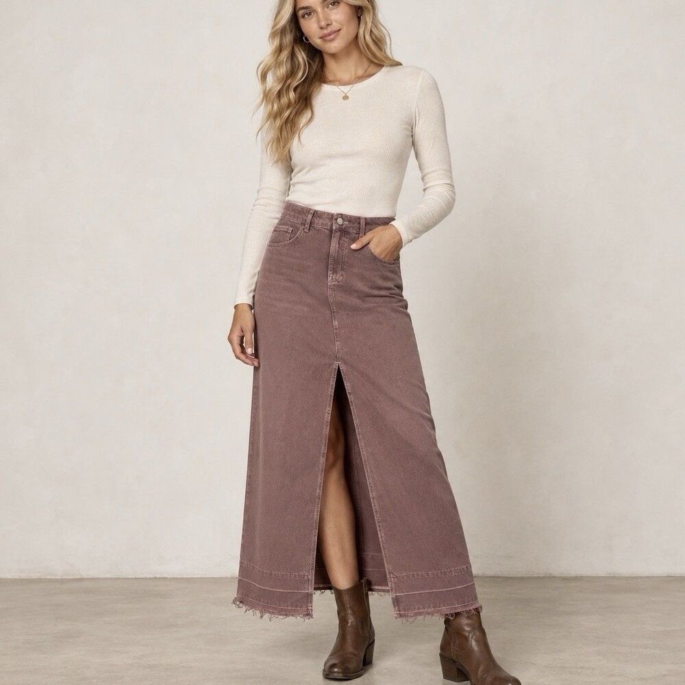 BDG Urban Outfitters Mandi Denim Maxi Skirt Women L Mauve Front Slit Raw Hem